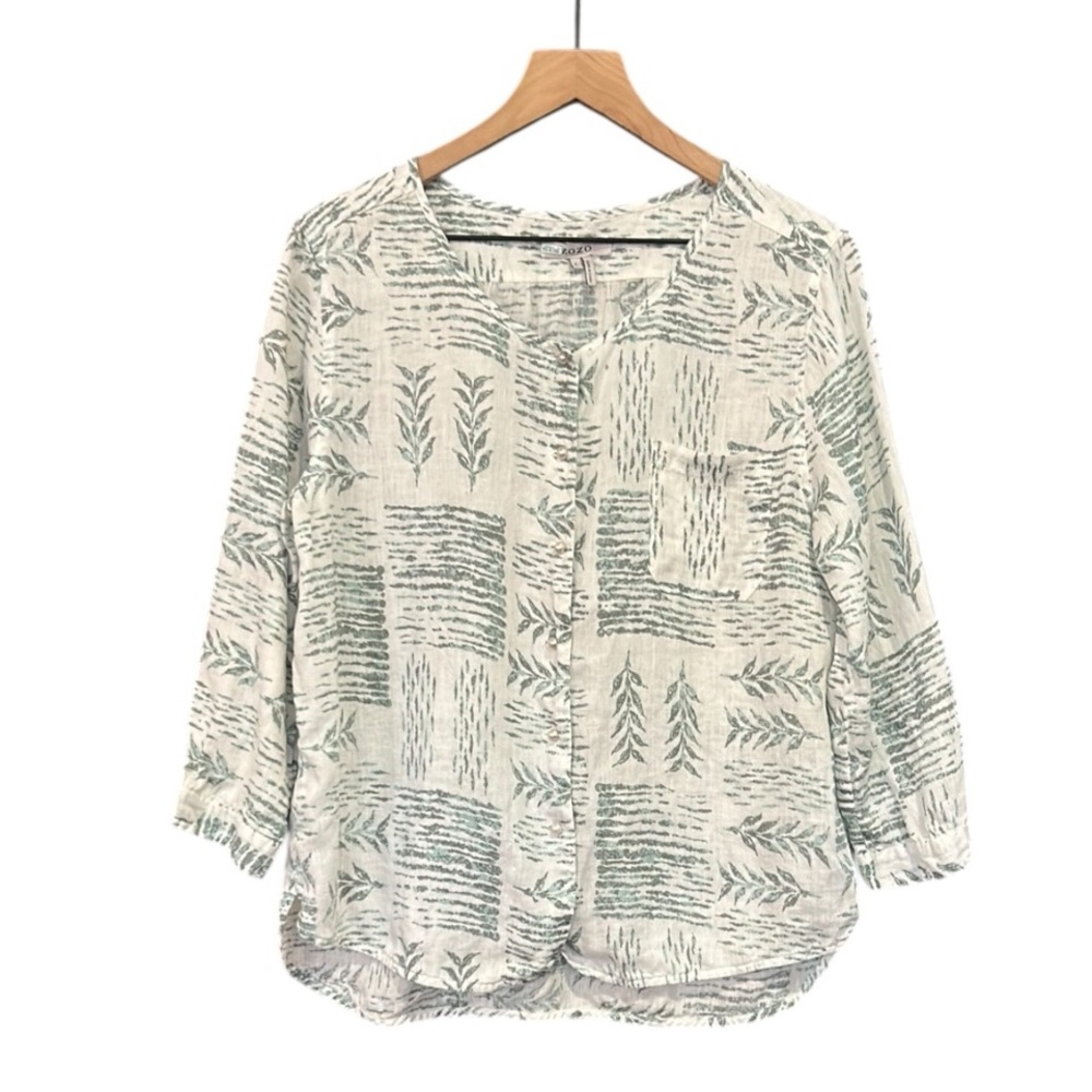 ZOZO Linen 3/4 Sleeve Button Down Printed Top Size Large